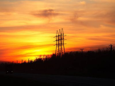 Electric wires on a column about high volt